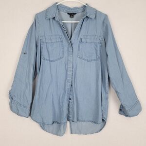 Terre Bleue Long Roll Tab Sleeve Small Button Front Casual Blouse Lagenlook Min.
